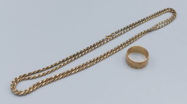 A 9ct gold chain of woven form 76cms long together with a 9ct gold wedding band, 17.8gms