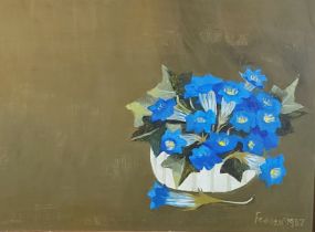 Mary Fedden, Gentians, oil on board, signed and dated 1987, 30cms x 40cms, purchased from The