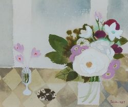 Mary Fedden, vase of flowers upon a table, Collage and watercolour, signed and dated 1987, 19cms x