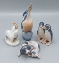 A Royal Copenhagen model of a Kingfisher together with three other Royal Copenhagen models