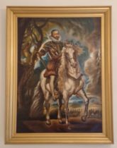 20th Century English school, horse and rider wearing a suit of armour, oil on canvas, 149cms x