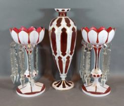 A pair of Bohemian cameo glass lustres with facet glass spears, 27cms tall together with a similar