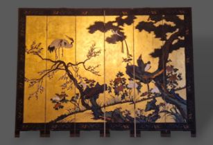 A Chinese lacquered six fold screen, both sides decorated with birds amongst foliage and highlighted