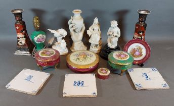 A pair of Imari style candlesticks together with other ceramics to include three Delft tiles