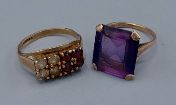 A 9ct gold ring set with a rectangular Amethyst together with another 9ct gold dress ring, 9.1gms