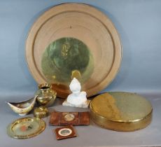 An Alabaster bust of a boy with scarf together with a Kashmir bowl and various metal wares