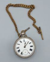 A Birmingham silver pocket watch, the enamel dial with roman numerals, together with a watch chain