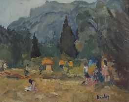 Ronald Ossory Dunlop, figures in a landscape, oil on canvas, sogned, 34cms x 45cms