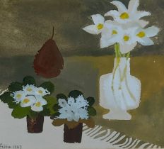 Mary Fedden, vases of flowers and pear upon a table, watercolour, signed and dated 1987, 18cms