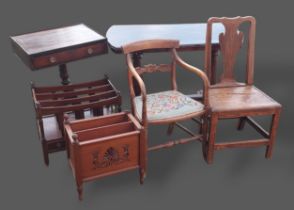 A William IV armchair together with an oak hall chair, a twin end side table, two Canterbury and a
