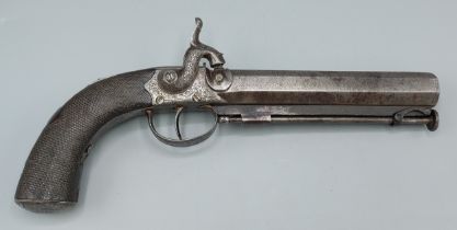 A Mid 19th Century percussion belt pistol, the 16cm long rifled barrel with inscription above a