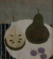 Mary Fedden, Pears and fruit upon a table, watercolour, signed and dated 1987, 17cms x 15cms
