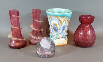 A Clarice Bizarre Inspiration vase, 16cms tall together with three Cranberry glass vases and a glass