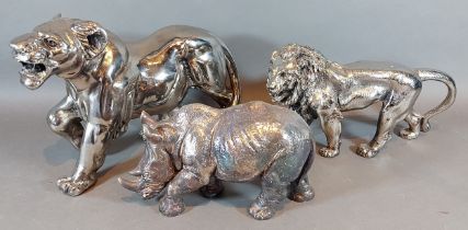 A 925 silver wrapped model in the form of a Rhinoceros, 20cms long together with two other