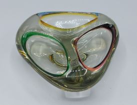 A Murano multi coloured glass tri compartment bowl, 5.5cms tall