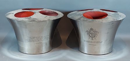 A pair of chromium triple champagne coolers of circular tapering form, 36cms diameter