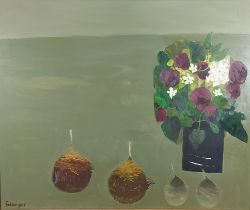 Mary Fedden, Roses and Jasmine, oil on board, signed and dated 1987, 50cms x 60cms, purchased from
