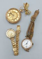 A 12ct gold fob watch with gold plated brooch mount in the form of a bow together with two 9ct