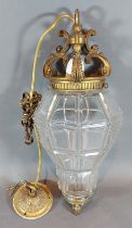 An early 20th Century glass and brass light fitting in the form of a lantern, 40cms long