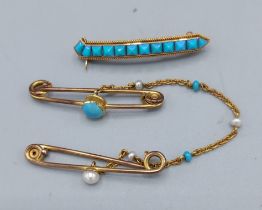 A gold double bar brooch set with Pearls and Turquoise linked with a fine link chain together with a