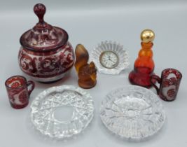 A Waterford Crystal table clock, in the form of a shell, 7cms tall, together with other glassware to