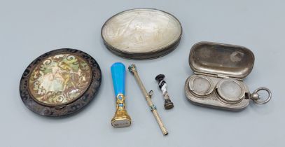 A white metal sovereign case, together with a mother of pearl snuff box, a compact, two seals and