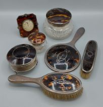 A Birmingham silver and Tortoiseshell pique work jewellery casket together with six other similar