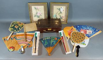 A Snake skin and leather traveling case, together with a collection of fans and two silk pictures