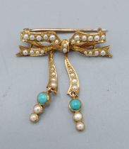 An Edwardian gold brooch of bow form with two drops, all set with Pearls and Turquoise, 3.4cms long,