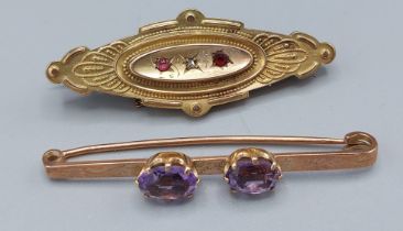 A 9ct gold double Amethyst bar brooch together with a 9ct gold Diamond set brooch, 7gms