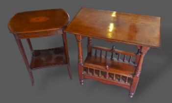 An Edwardian satinwood inlaid mahogany two tier occasional table, the shell inlaid shaped top