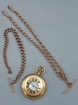 An 18ct gold Half Hunter pocket watch, 102gms including movement, together with two 9ct gold curb