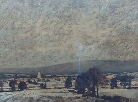 Aubrey Phillips, winter landscape with town in the distance, pastel, signed, 51cms X 70cms