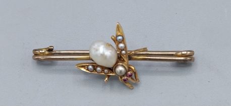 A gold brooch in the form of a Bee set with Pearls and Rubies, 3.7cms long, 2.8gms