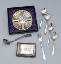 A commemorative London silver pin tray, together with a Birmingham silver cigarette case, four