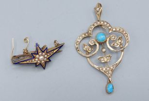 A 9ct gold Turquoise and Pearl set pendant together with a Pearl and Enamel brooch in the form of