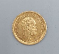A gold five Konor, dated 1886