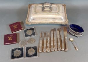 A Birmingham silver salt together with various silver handled knives and forks, a salt spoon, a