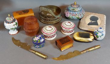 A trench art candlestick made from a brass shell case, together with a collection of other items