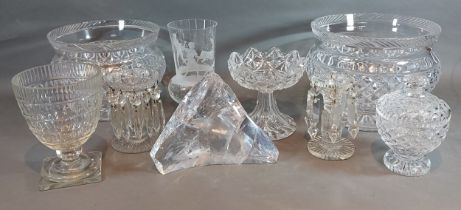 Two cut glass lustres with facet cut spears together with other glassware to include a paperweight