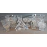 Two cut glass lustres with facet cut spears together with other glassware to include a paperweight