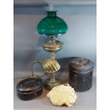 A 19th Century barristers wig within metal box, together with another wig box, a brass oil lamp with