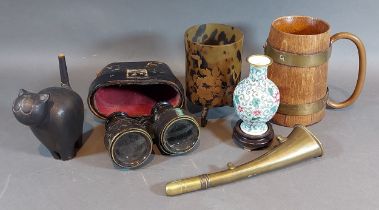 A Japanese tortoiseshell brush pot with gilt decoration, together with a cloisonne vase and other