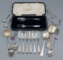 A Sheffield silver christening pair in case together with a collection of silver flatware, 11ozs