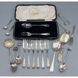 A Sheffield silver christening pair in case together with a collection of silver flatware, 11ozs