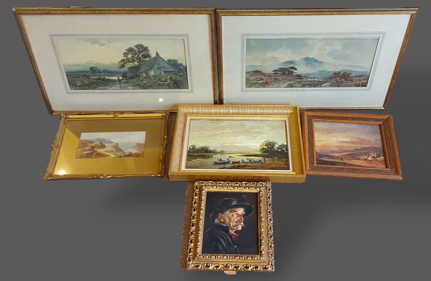 A pair of watercolours, rural scenes together with four other pictures