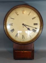 A mahogany cased drop dial wall clock, the enamel dial with roman numerals and with single fusee