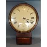 A mahogany cased drop dial wall clock, the enamel dial with roman numerals and with single fusee