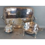 A silver plated rectangular tray with side handles, together with other silver plated items