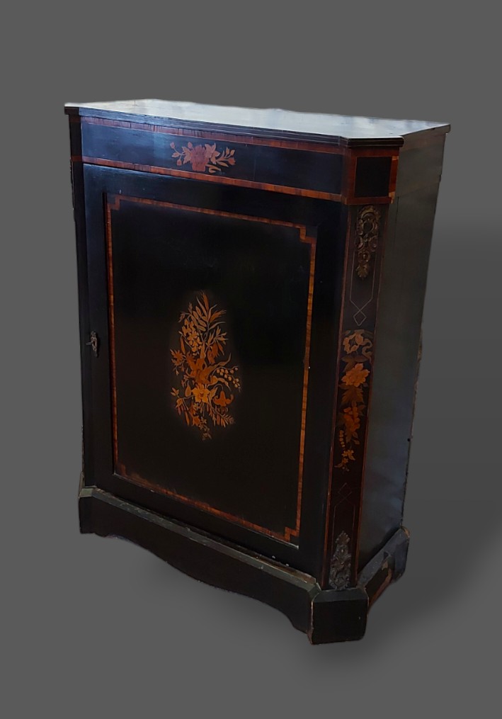 A Victorian ebonised, marquetry inlaid and gilt metal mounted pier cabinet with an inlaid door above - Image 2 of 2